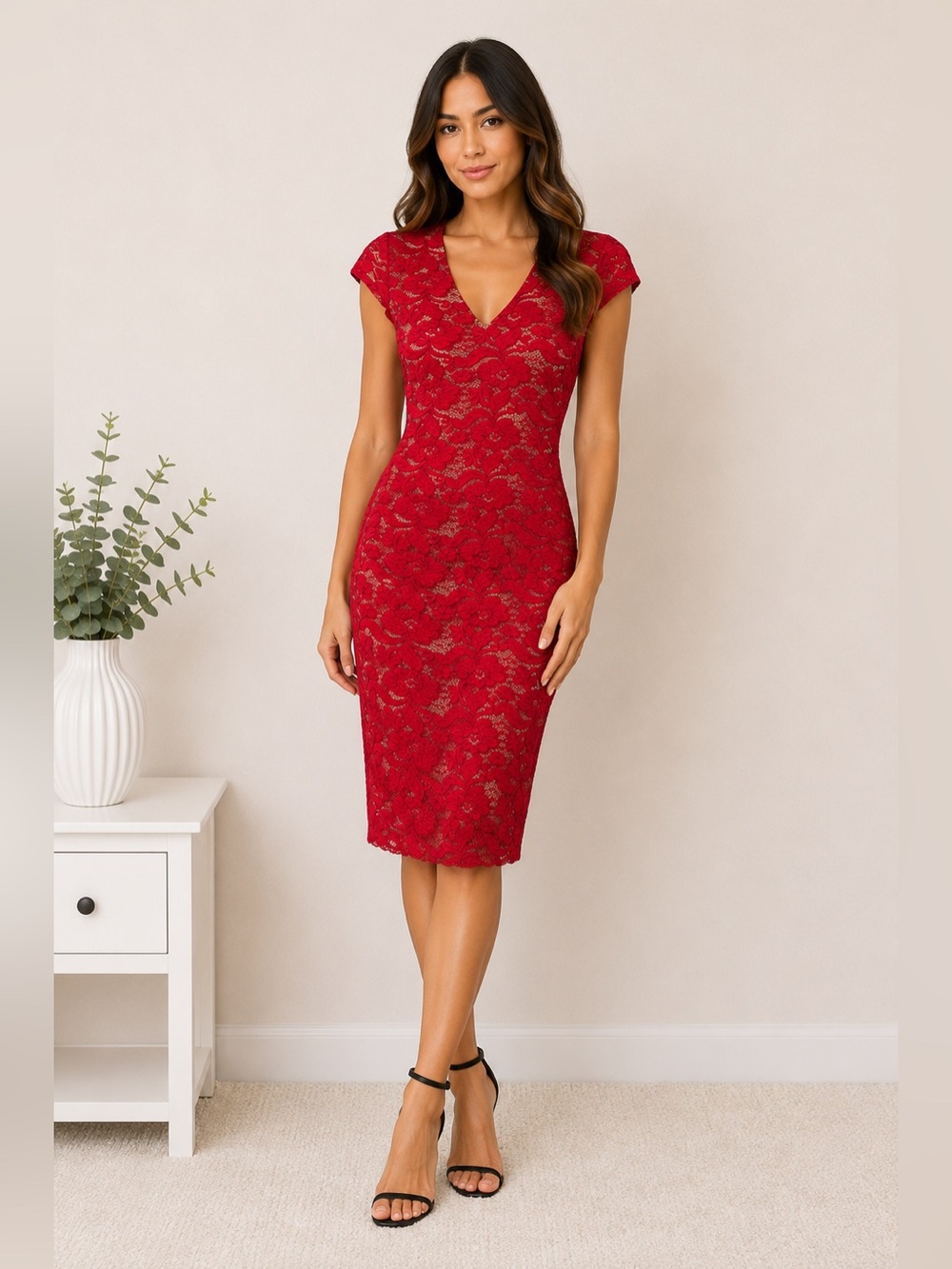 Joe & Elle Red Lace Bodycon Midi Dress Size M